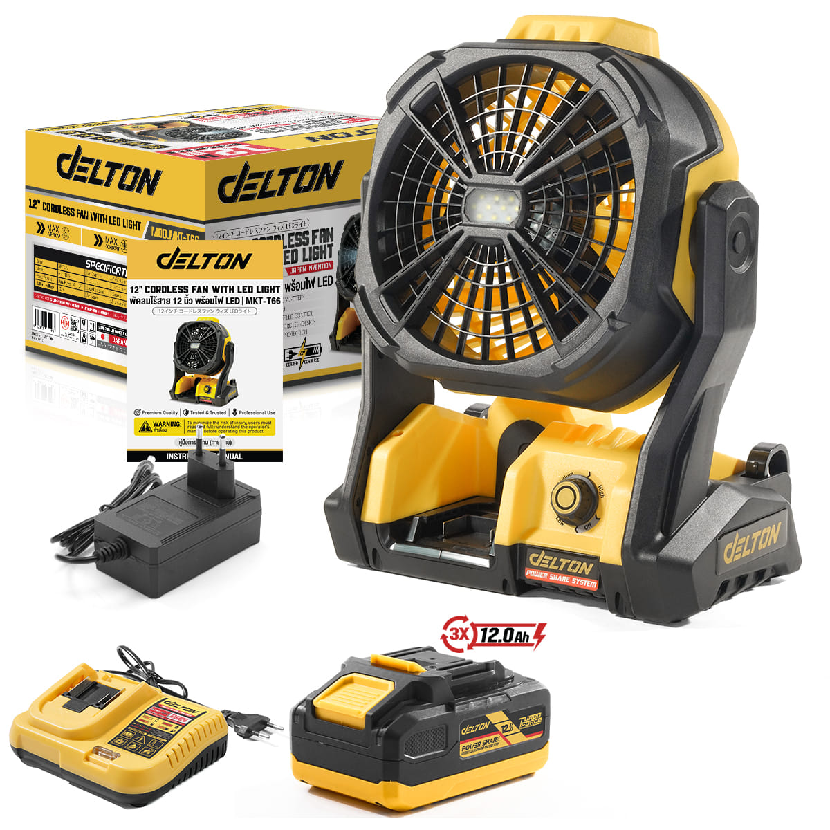 พัดลมไร้สาย 12 นิ้ว (พร้อมแบตเตอรี่) DELTON รุ่น MKT-T66  TURBO FORCE 20V 12AH_1